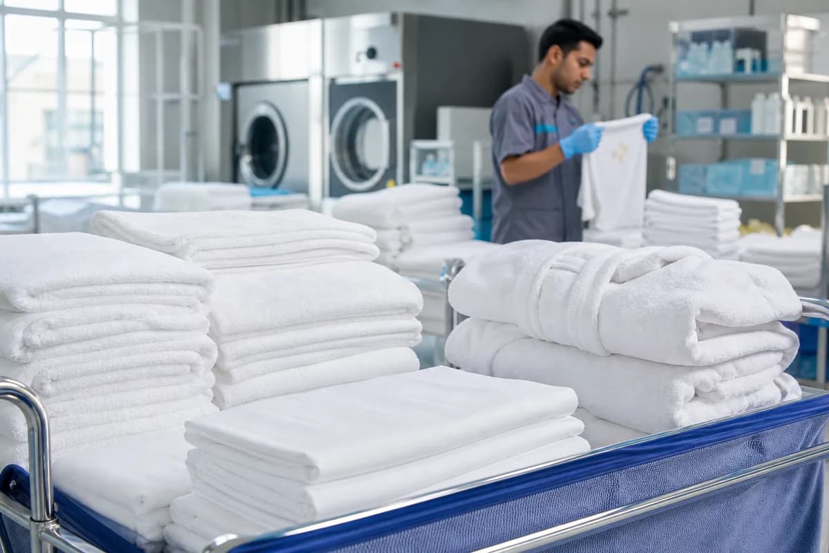 Commercial hotel linens sorted in a professional laundry facility