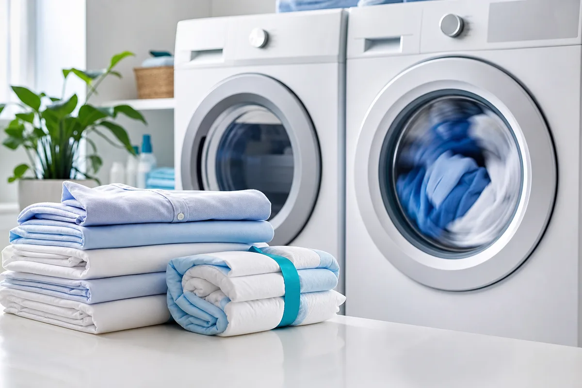 Fresh laundry ready beside modern washing and drying machines