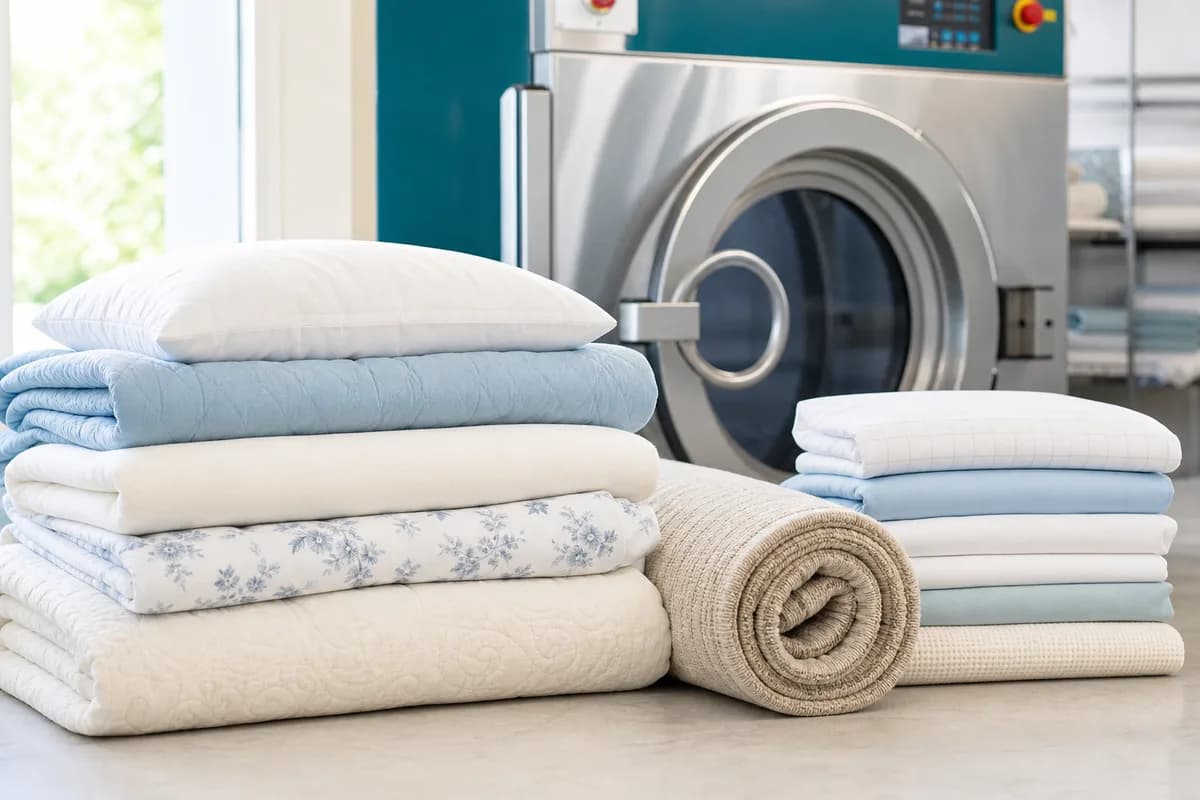 Clean quilts, blankets, bedsheets, and a rug beside a laundry machine
