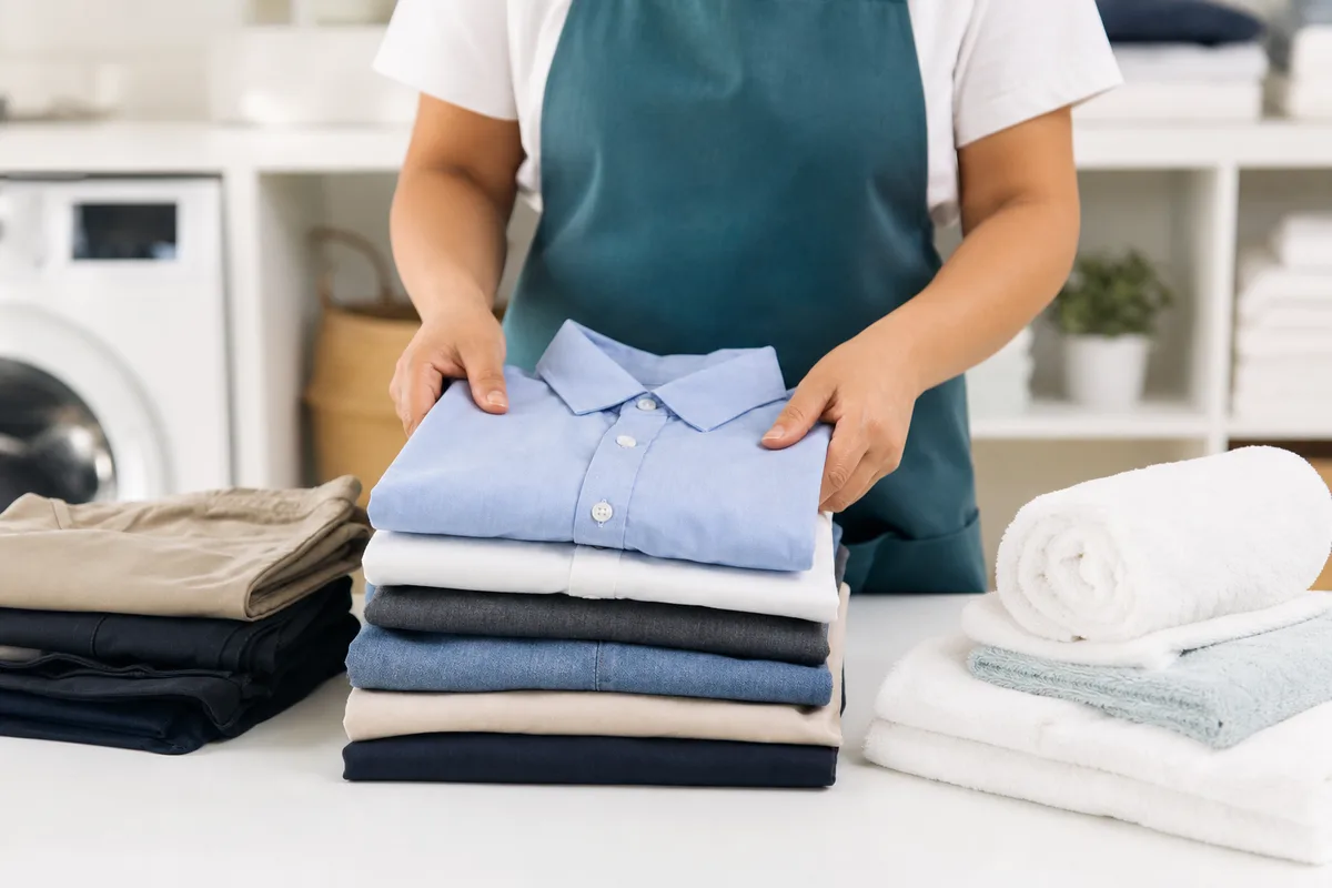 Freshly washed shirts, trousers, and towels being folded