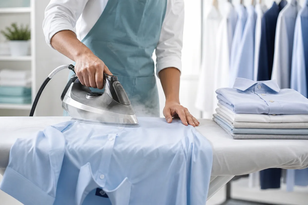 A cotton shirt being professionally steam ironed