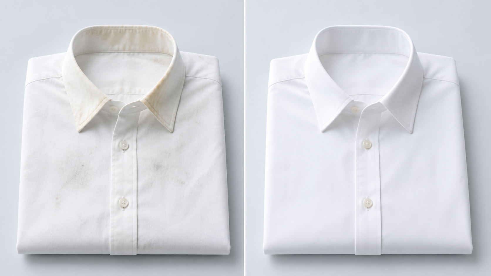 Before and after comparison of a stained white shirt cleaned into a bright freshly pressed shirt